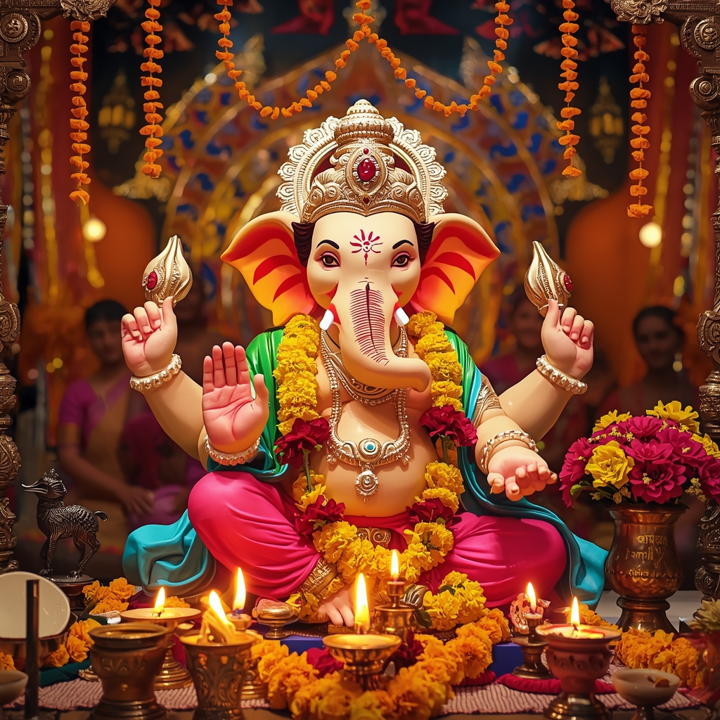 Lucid Origin Vibrant And Colorful Images Of Lord Ganesha Idol In A Traditional Indian Setting 0